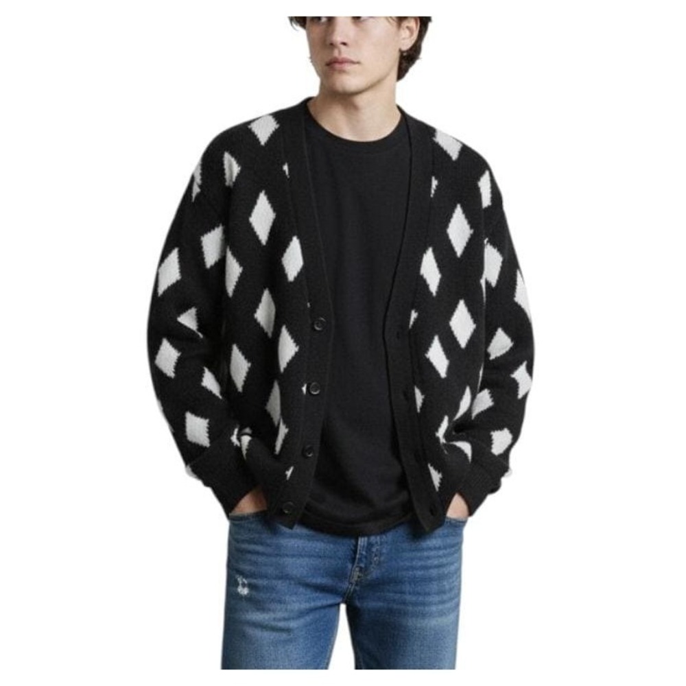 Vtg UNITED COLORS of BENETTON Black/White Diamond Cardigan Sweater 50/M/L 48"